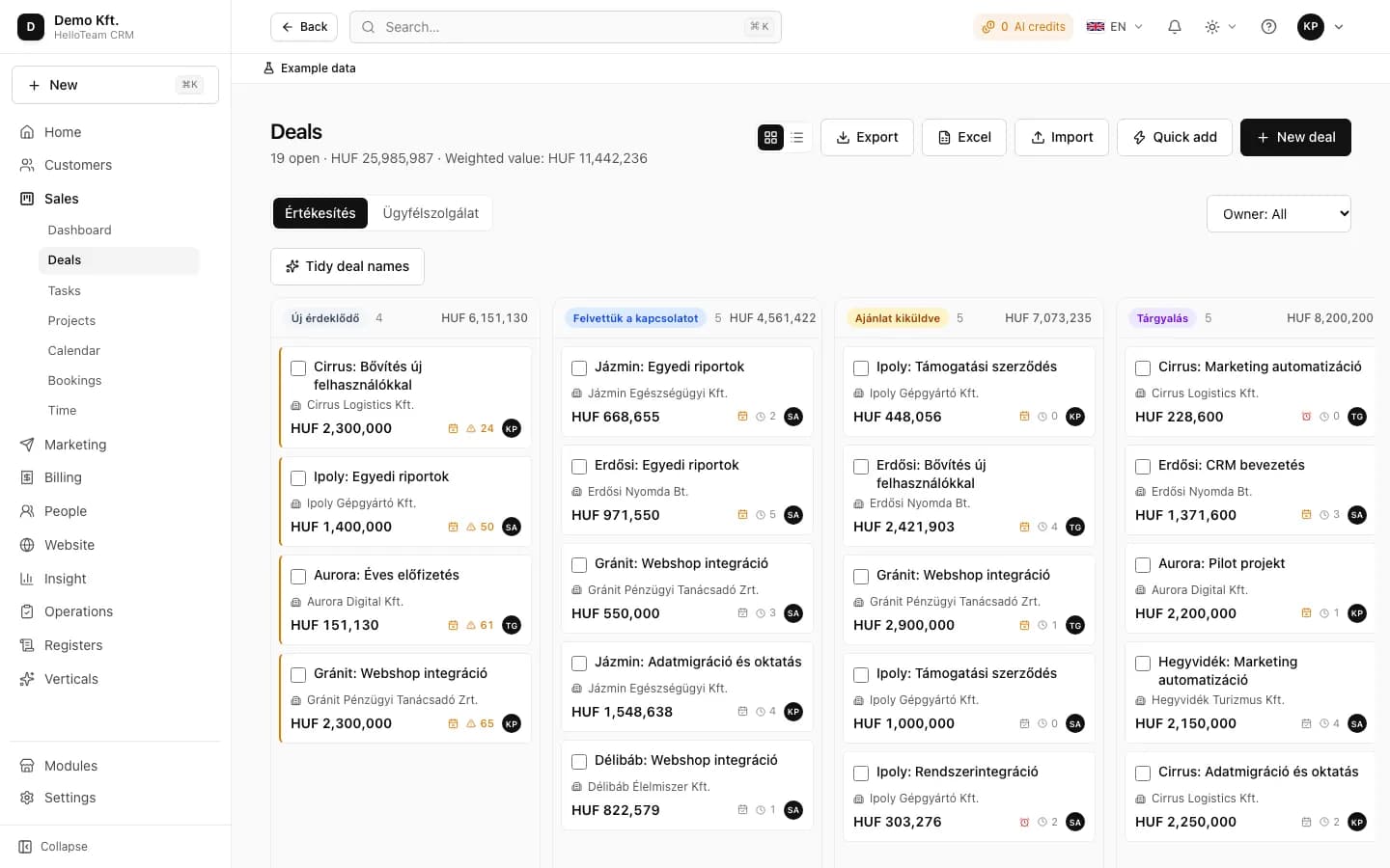 The deals board in the demo company: stages, values, owners