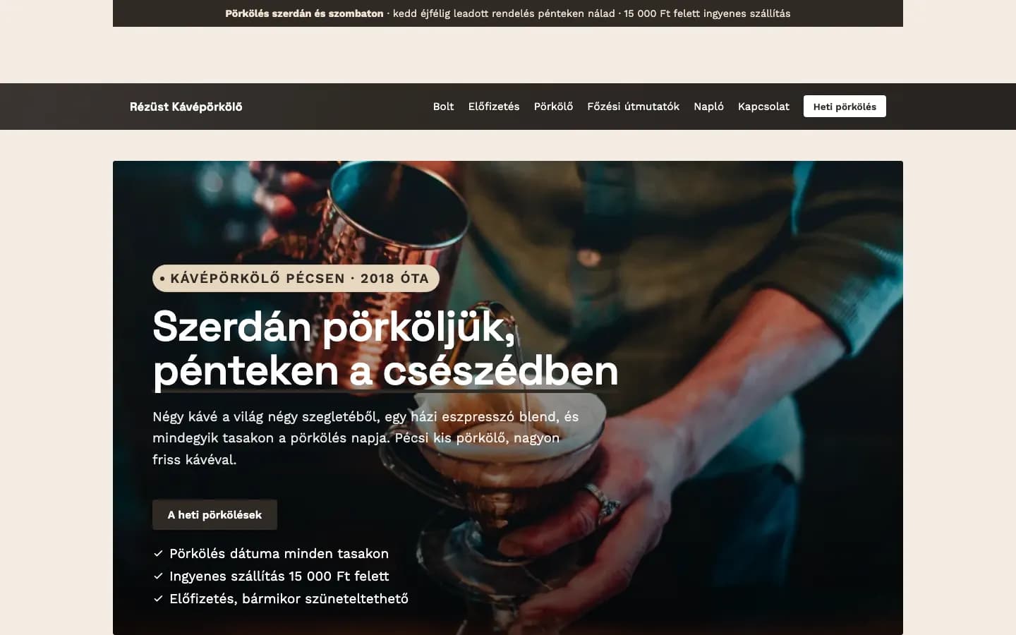 A kávépörkölő webshop sablon kezdőlapja